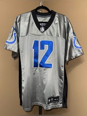 NIKE #12 ANDREW LUCK Silver & Blue Men's Football Jersey. Size 48 (XL).